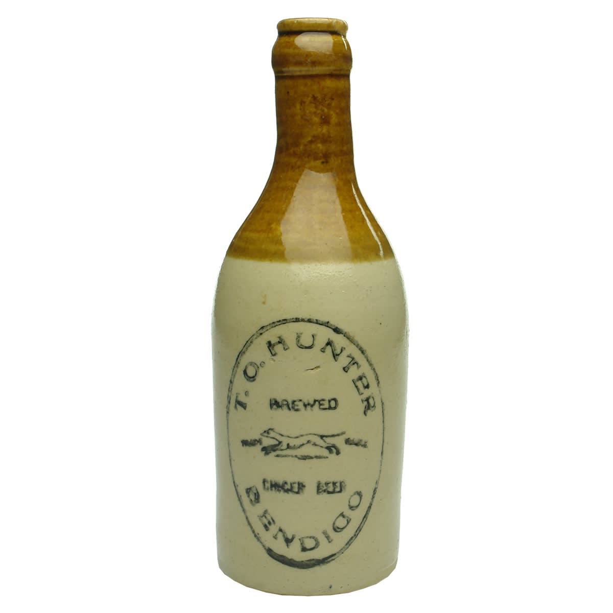 Ginger Beer. T. O. Hunter, Bendigo. Greyhound. Champagne. Crown Seal. Tan Top. Bendigo Pottery. (Victoria)