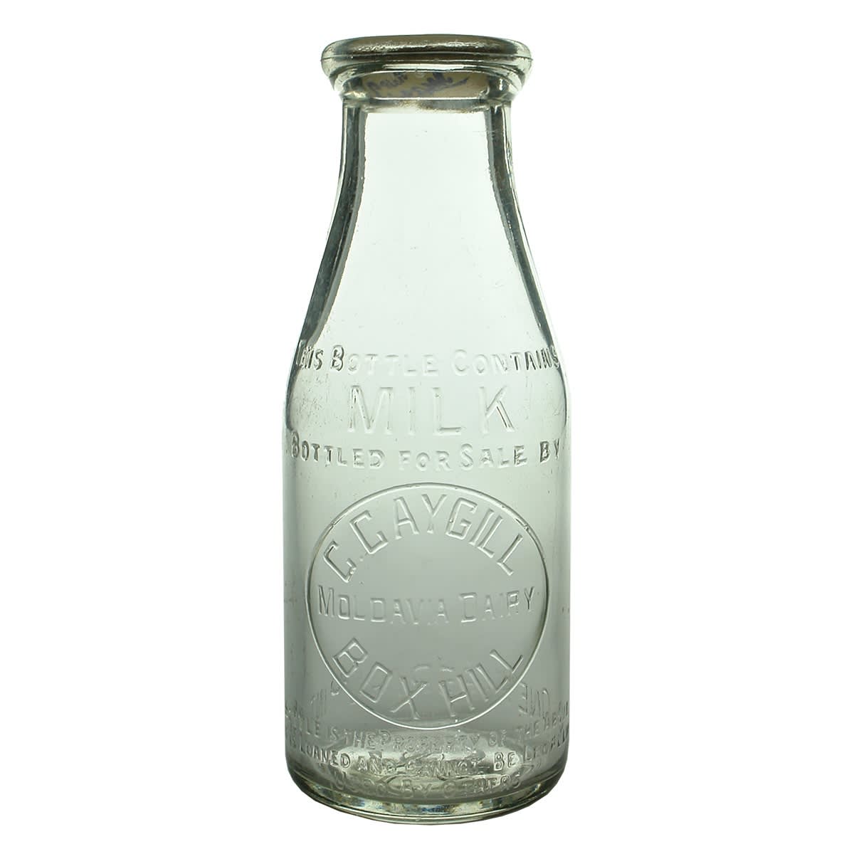 Milk. C. Caygill, Moldavia Dairy, Box Hill. Base Number: 320. 1 Pint. (Victoria)