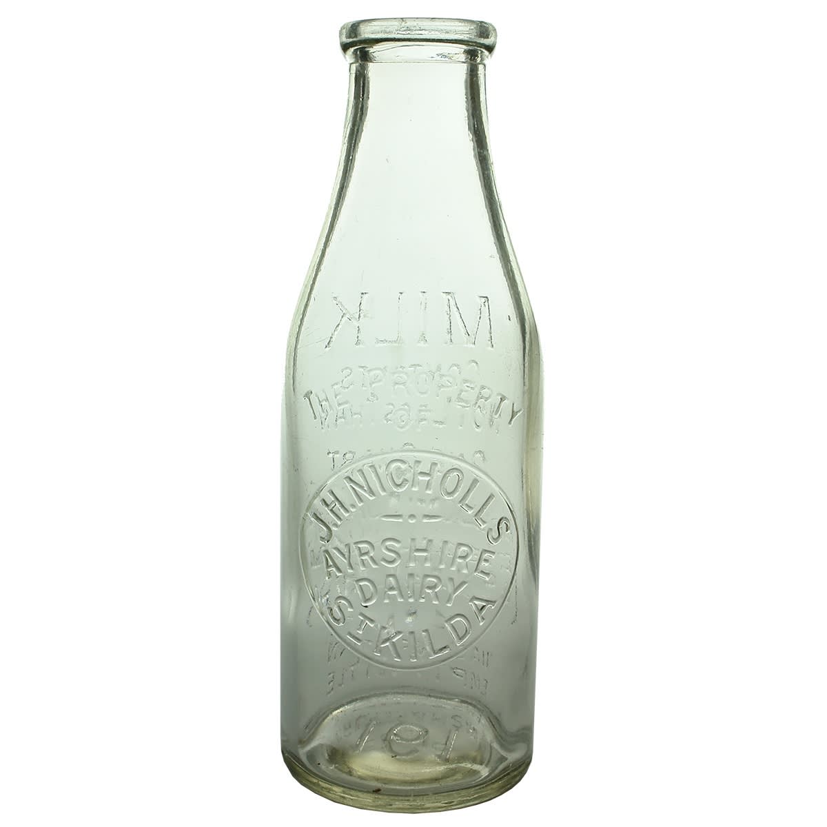 Quart Milk. J. H. Nicholls, Ayrshire Dairy, St Kilda. Base Number: 161. (Victoria)