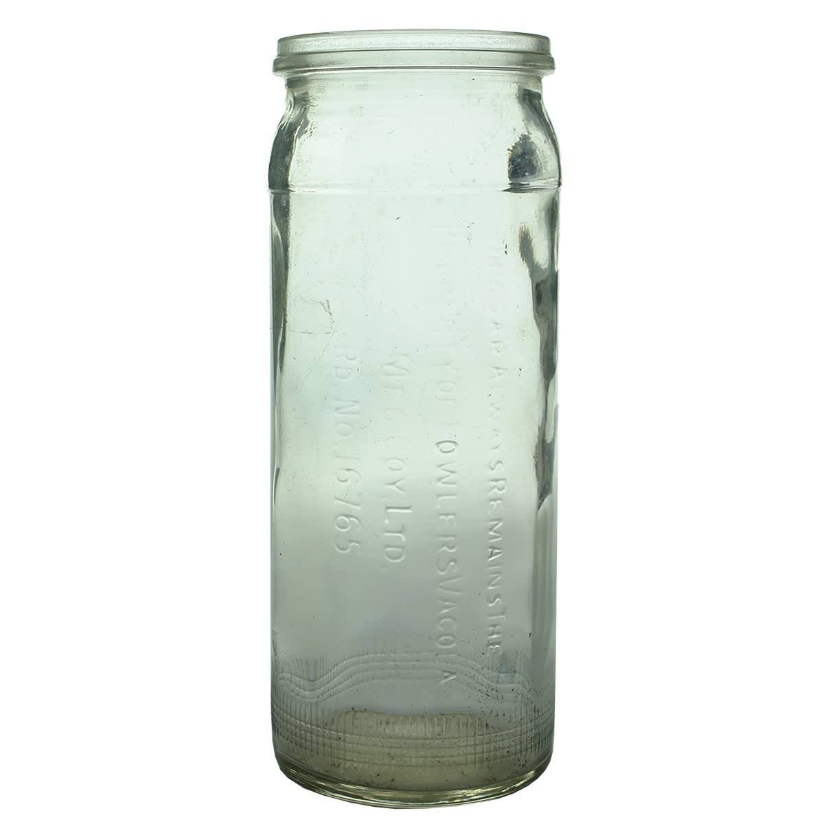 Jar. Fowlers Vacola Mfg Coy Ltd. Regd No. 16765. Pattern around base and ridge at shoulder.