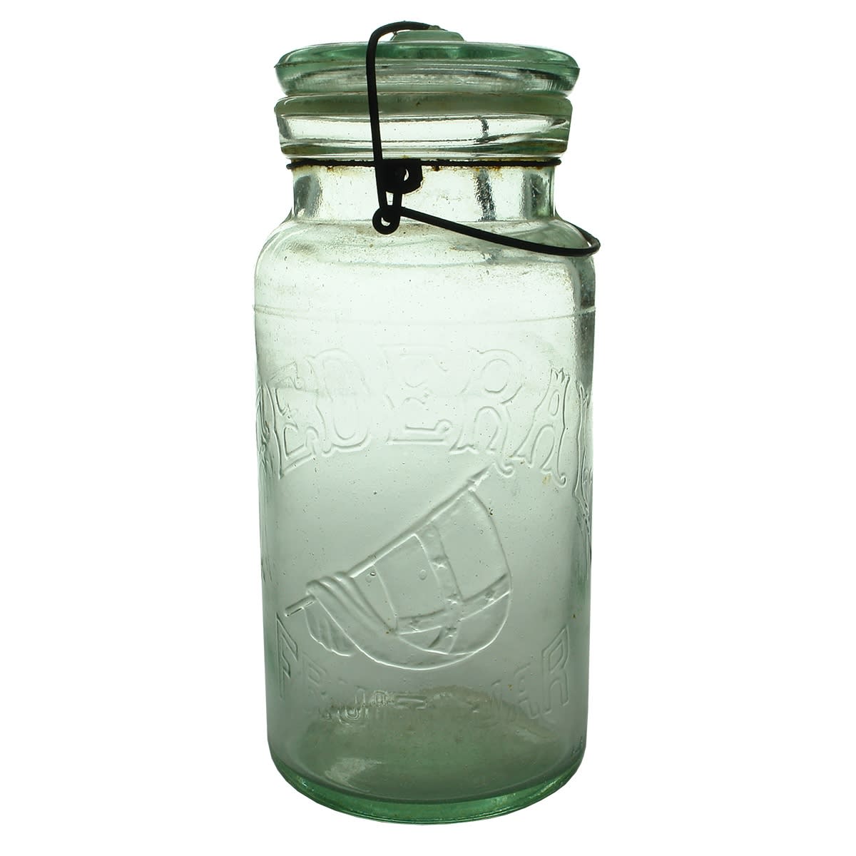 Preserving Jar. Federal Fruit Jar. Flag. Aqua. 1/2 Gallon.