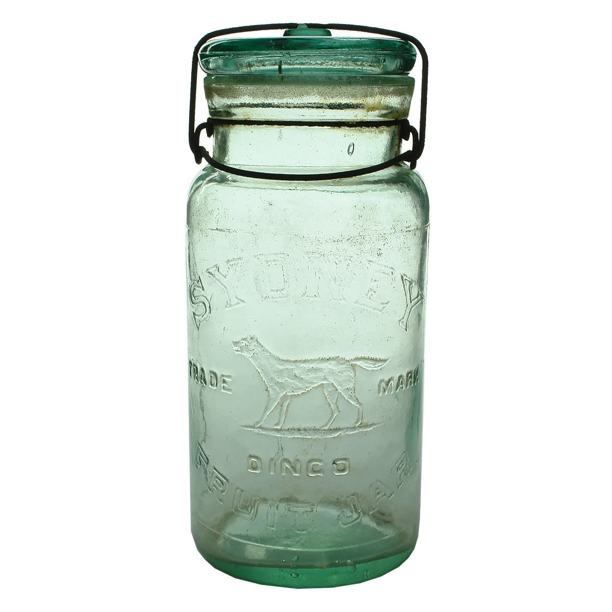 Preserving Jar. Sydney, Dingo Fruit Jar. Tail out version. Aqua. Half Gallon (New South Wales)