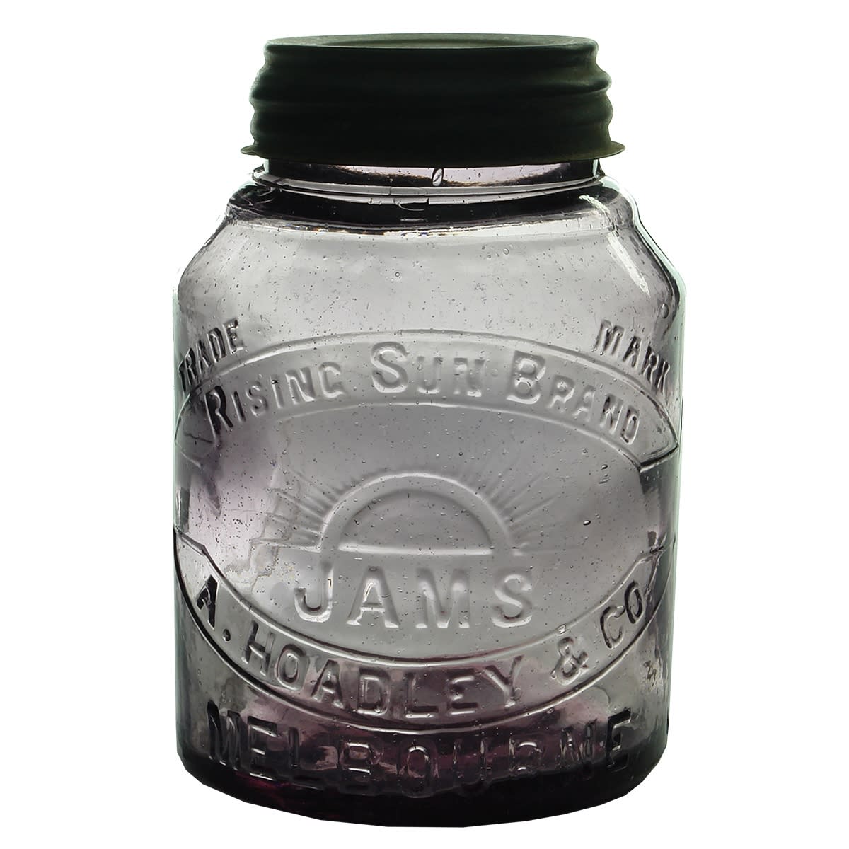 Jam Jar. A. Hoadley & Co., Rising Sun Brand. Melbourne. Screw top. Sun Coloured Amethyst. (Victoria)