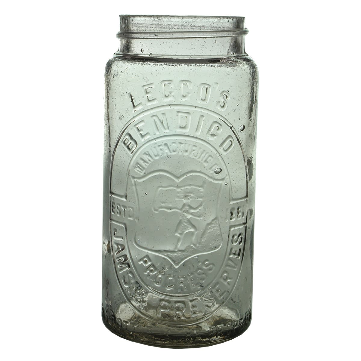 Jam Jar. Leggo's Bendigo. Progress. Mountain climber with Flag. Clear. 30 oz. (Victoria)