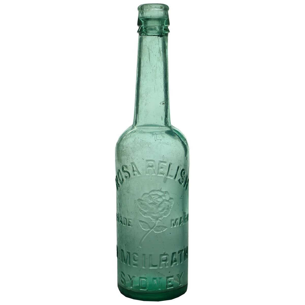Sauce. Rosa Relish, H. McIlrath, Sydney. Rose. Hot Sauce. Aqua. 13 oz. (New South Wales) (This is from the late Kingsley Durdin collection)