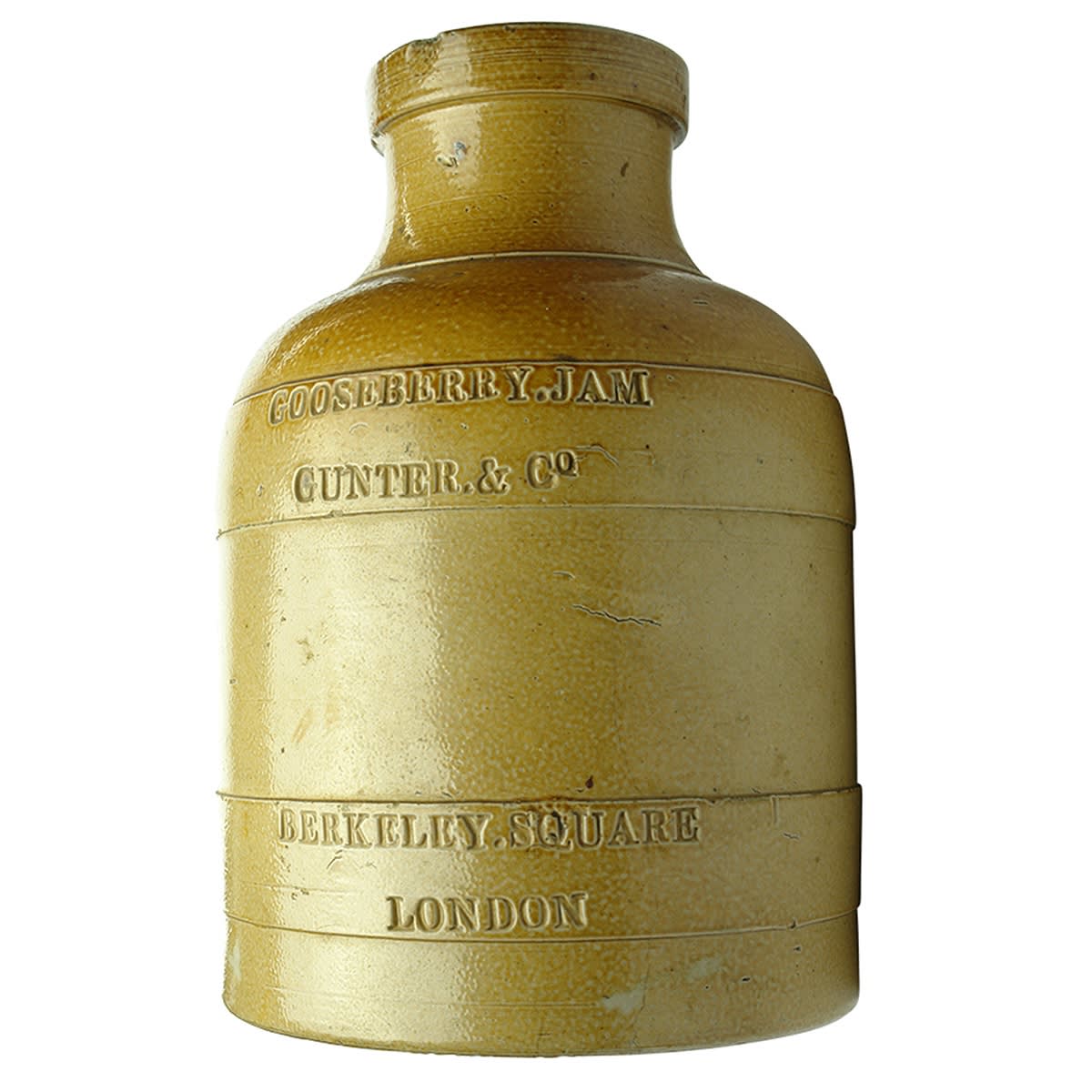 Stoneware Jam Jar. Gunter & Co., Gooseberry Jam, Berkeley Square, London. (United Kingdom)