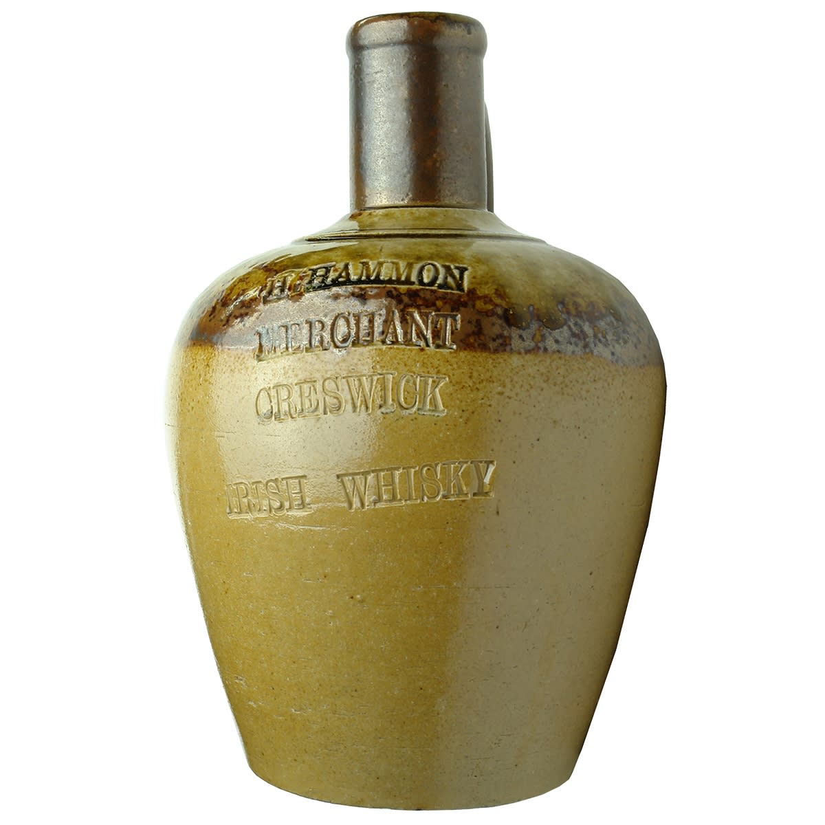 Whisky Jug. H. Hammon, Merchant, Creswick. Irish Whisky. Impressed salt glaze jug. (Victoria)