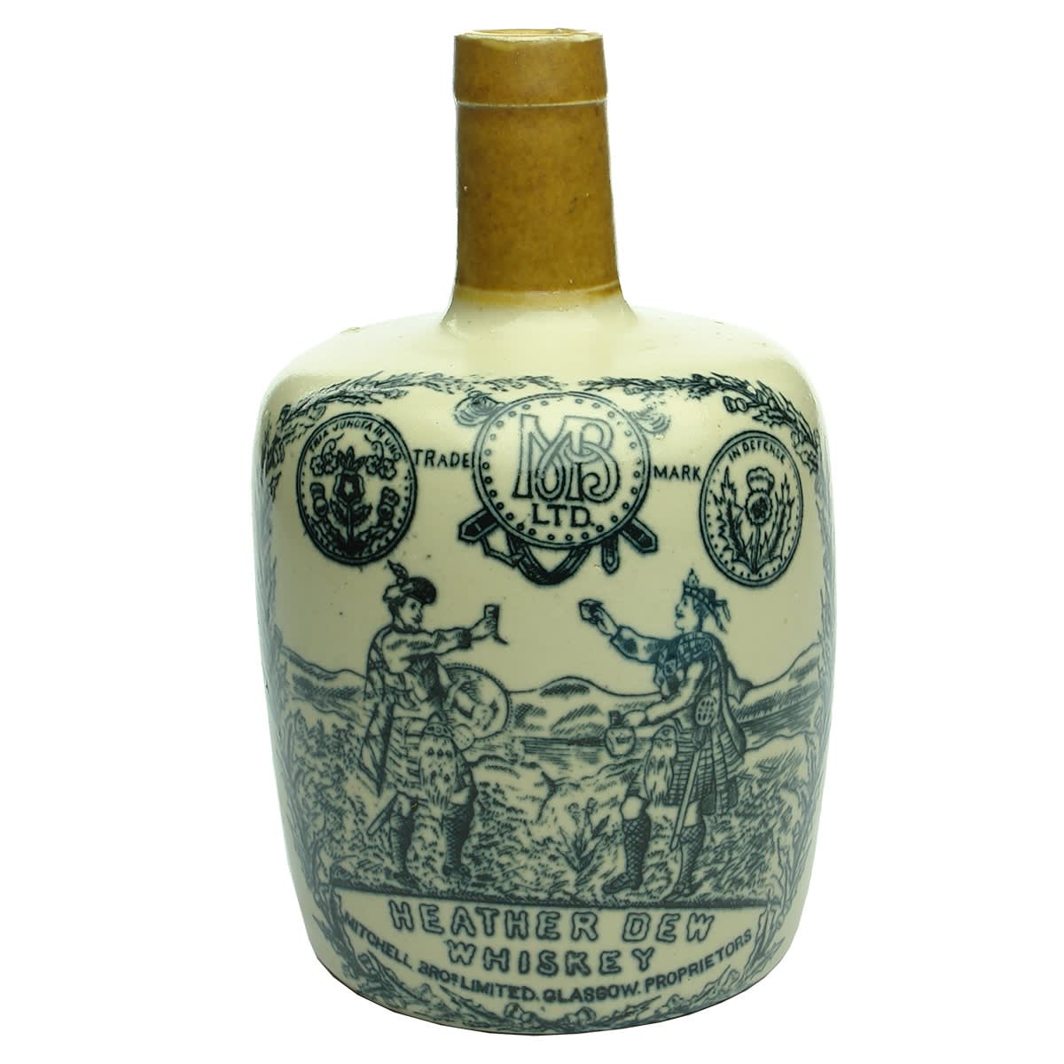 Whisky Jug. The Greybeard. Heather Dew Whiskey. Mitchell Bros Limited Glasgow. Scotsmen Toasting. Quart. Port Dundas Pottery