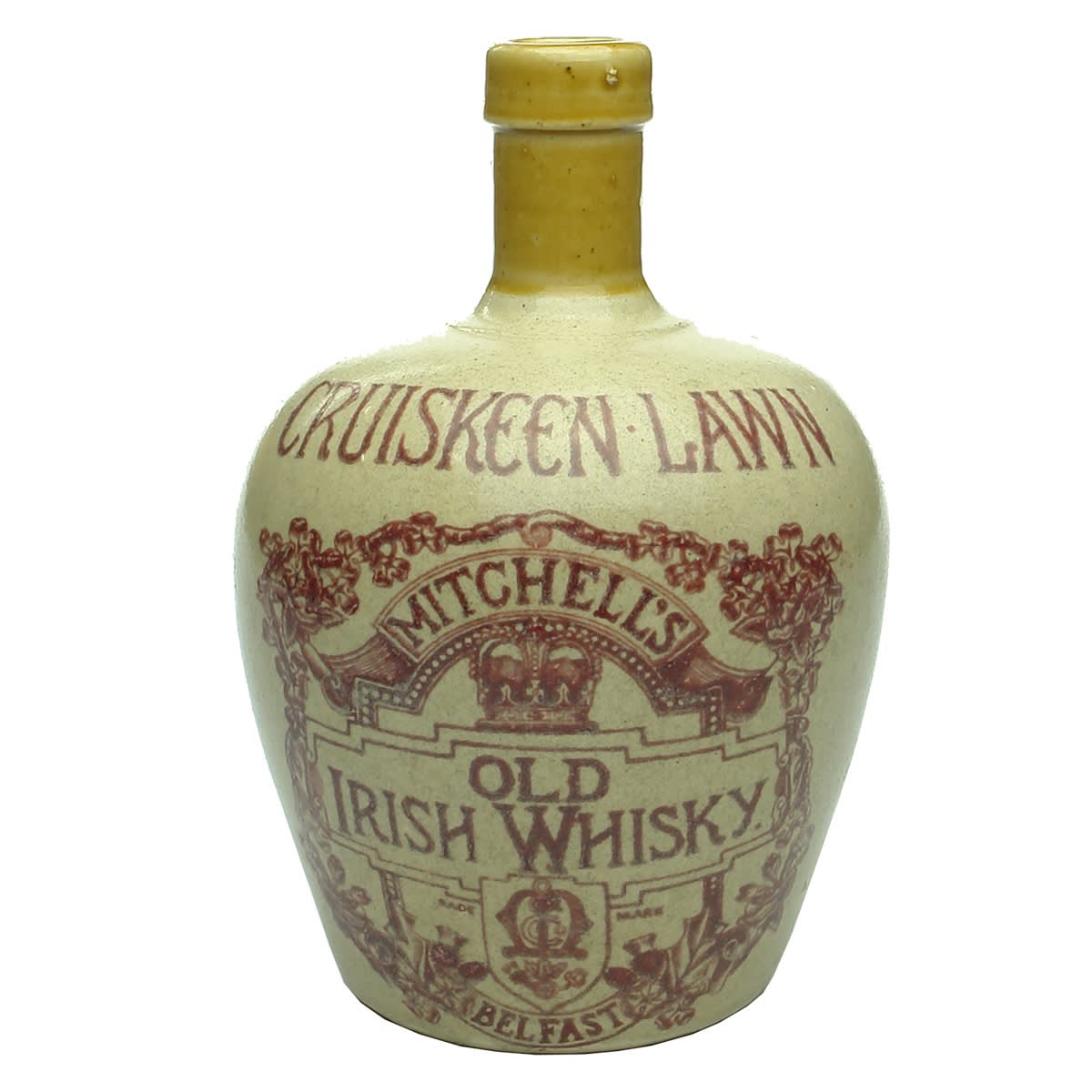 Whisky Jug. Cruiskeen Lawn. Mitchell's Old Irish Whisky Belfast. Red Print. Small size.