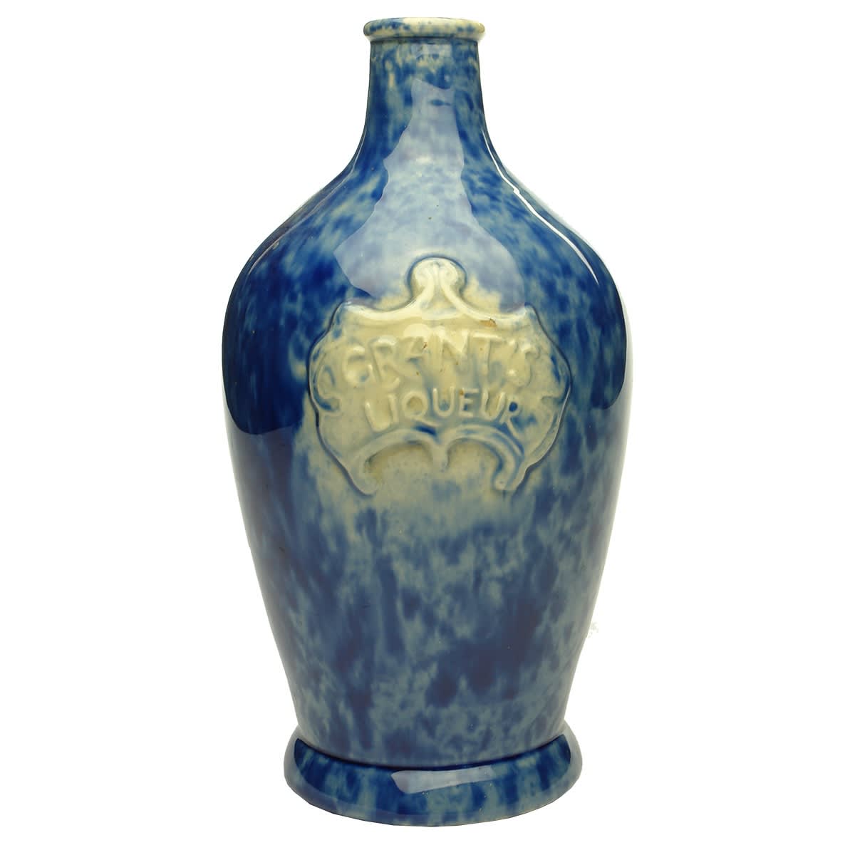 Whisky Jug. Grant's Liqueur. Lane, Kemp, Willis Australia potters stamp. Mottled Blue glaze.