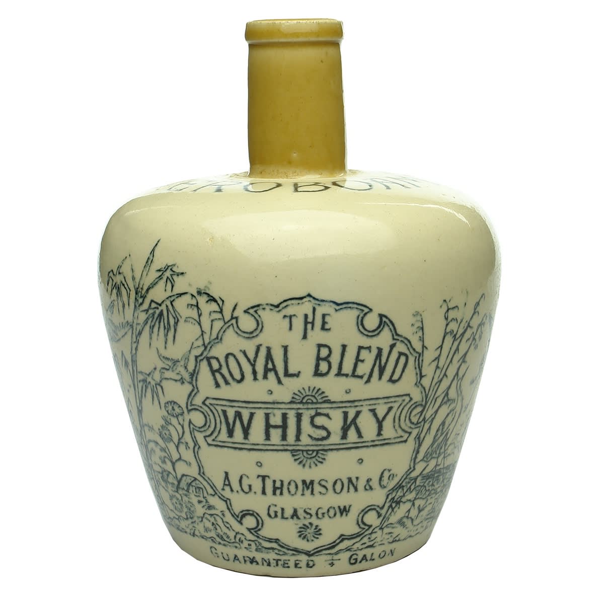 Whisky Jug. The Royal Blend. A. G. Thomson & Co., Glasgow. Jeroboam. H. Kennedy Barrowfield Pottery Glasgow. (Gallon misspelled in the print)