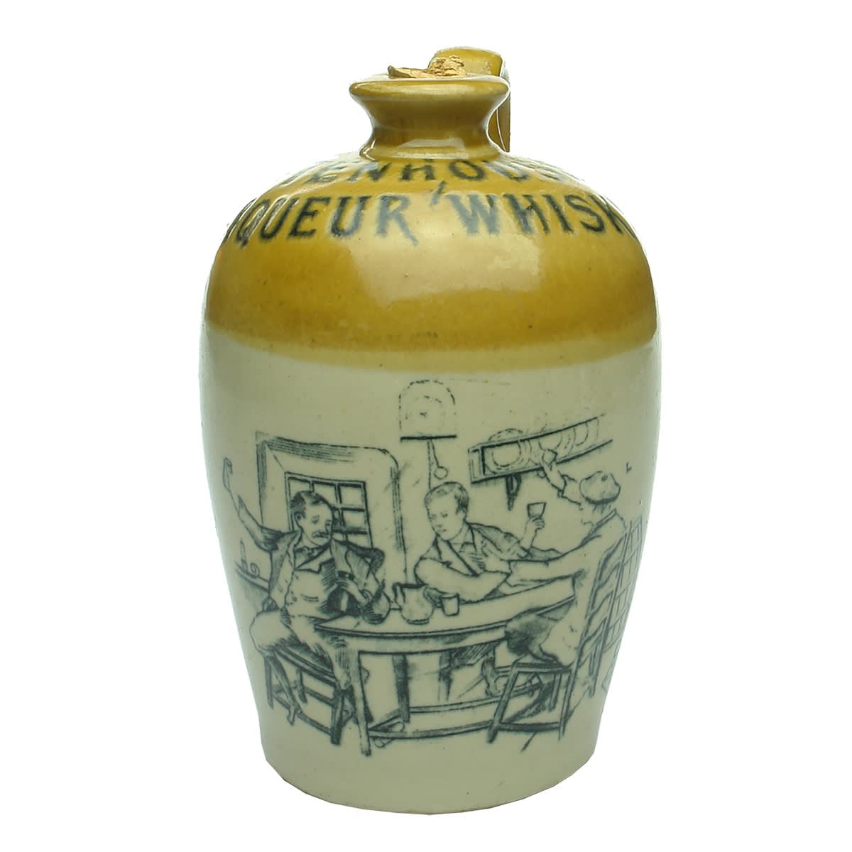 Whisky Jug. Stenhouse Liqueur Whisky. Three men drinking at a table. Wm Stenhouse, Glasgow, Scotland.