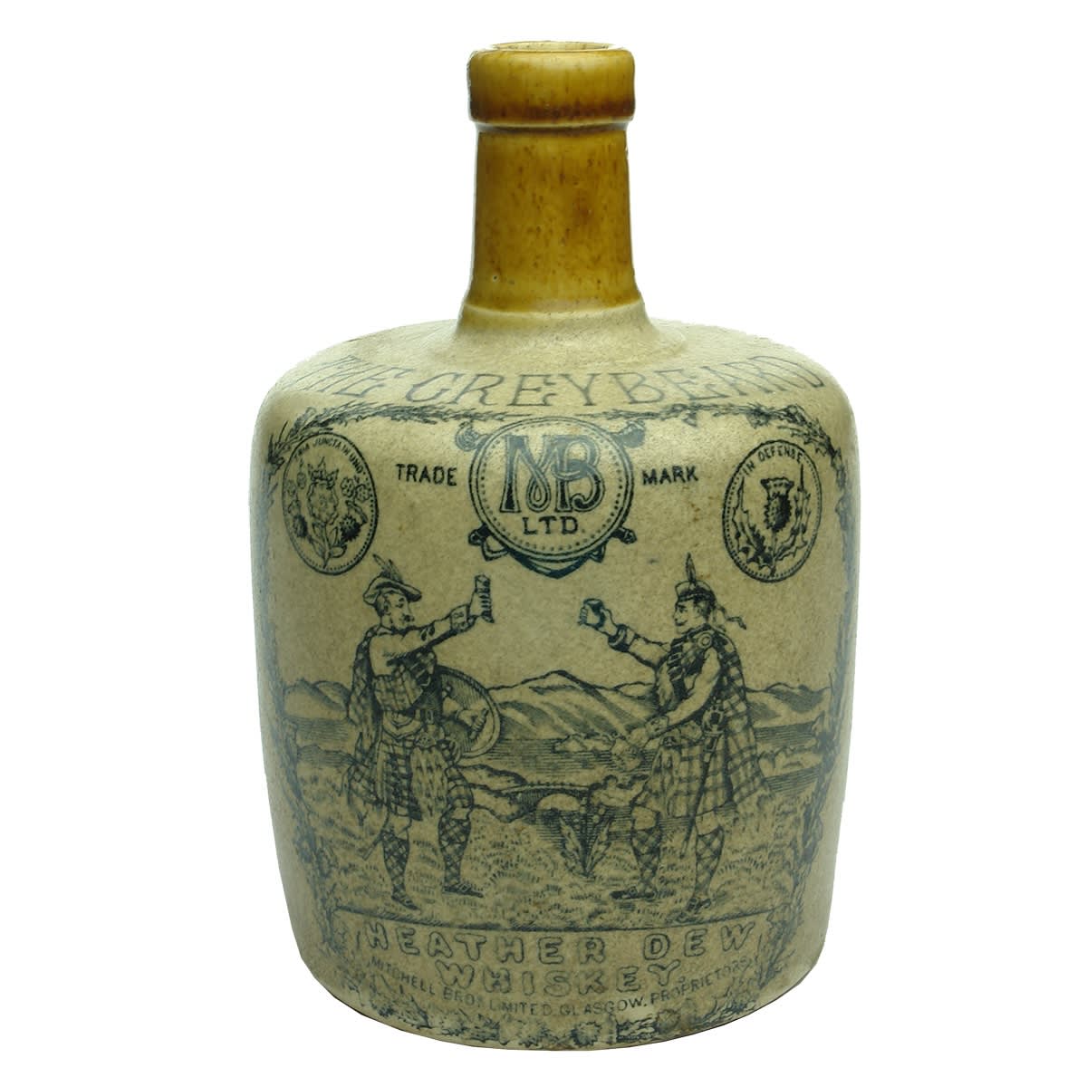 Whisky Jug. The Greybeard. Heather Dew Whiskey. Mitchell Bros Limited Glasgow. Scotsmen Toasting. Quart. Grosvener Pottery.