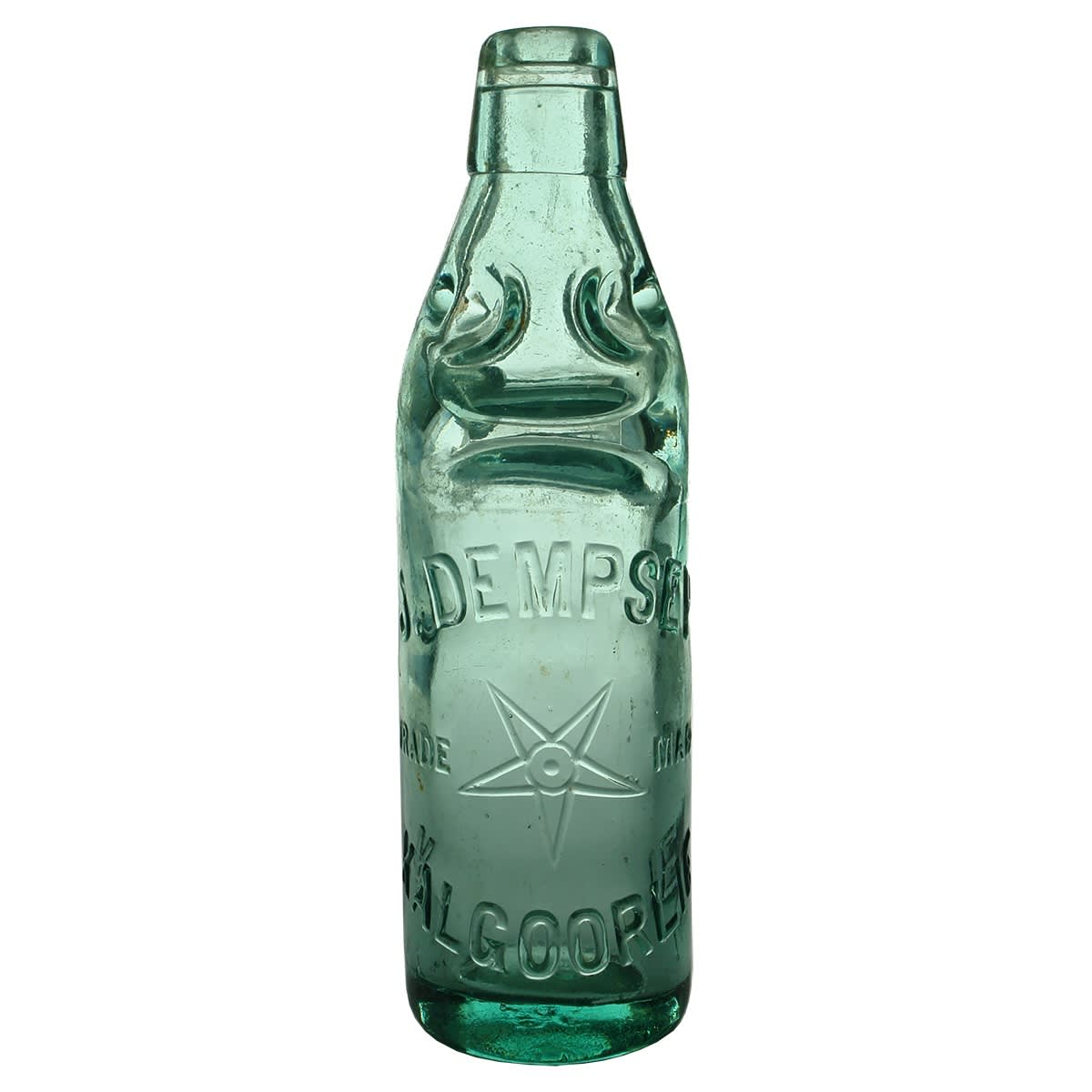 Codd. J. Dempsey, Kalgoorlie. Five pointed star with a dot and circle in the middle. 10 oz. Melbourne Glass Works. Aqua. Dobson. (Western Australia)