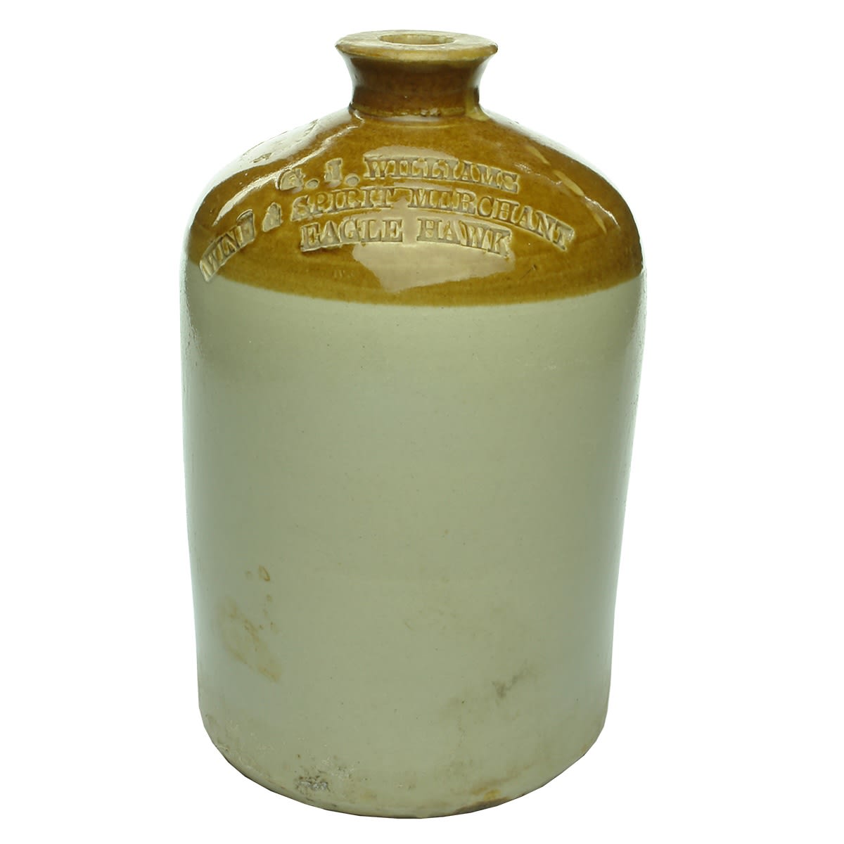 Demijohn. G. J. Williams, Wine & Spirit Merchant, Eaglehawk (Eagle Hawk on the jar). Large Bendigo Pottery Co Ltd stamp. (Victoria)