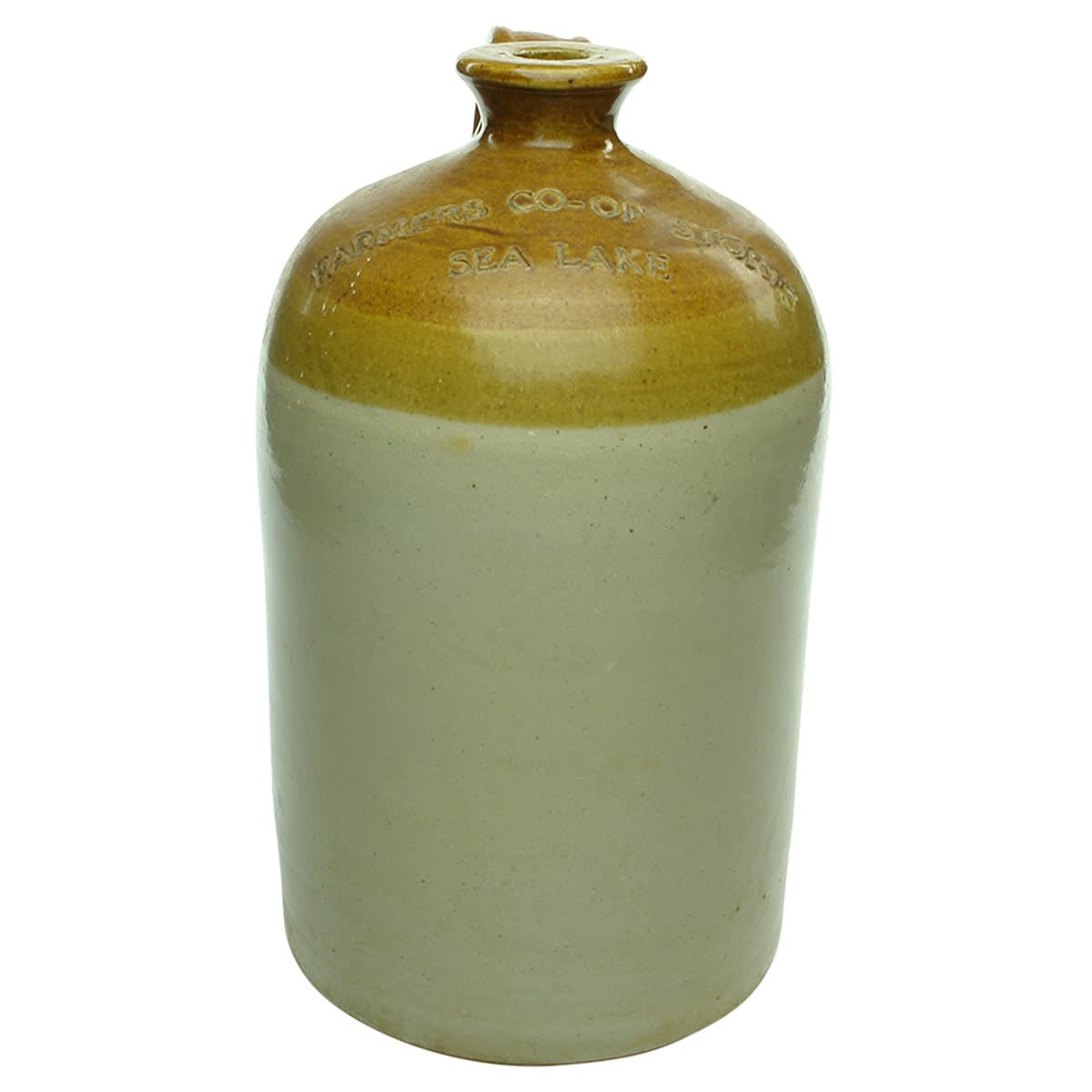 Demijohn. Farmers Co-Op Stores, Sea Lake. Impressed. 1 Gallon. (Victoria)