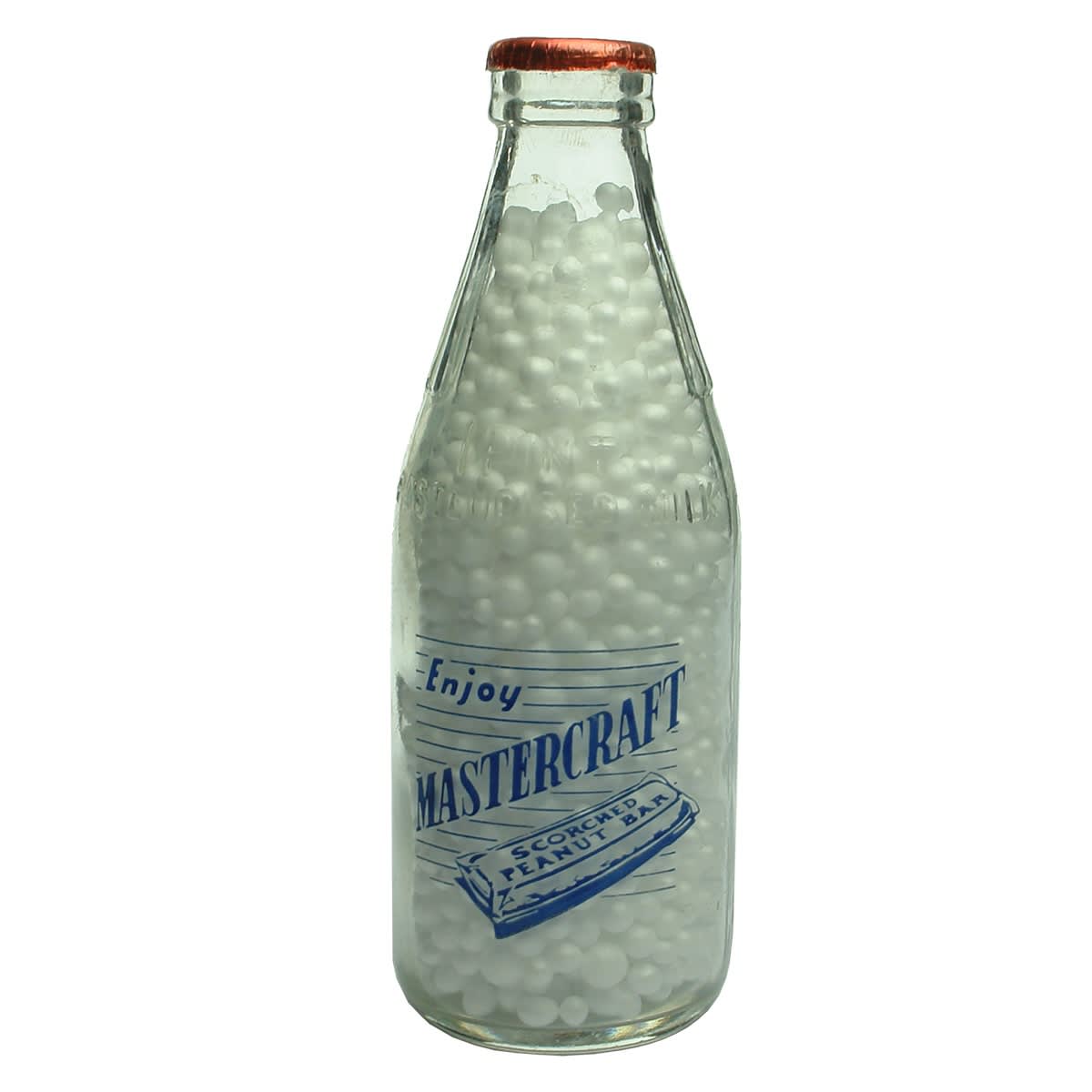 Ceramic Label Advertising Milk. Mastercraft Scorched Peanut Bar. Dairy Farmers Co-op. Milk Co Ltd. Pint. (New South Wales)