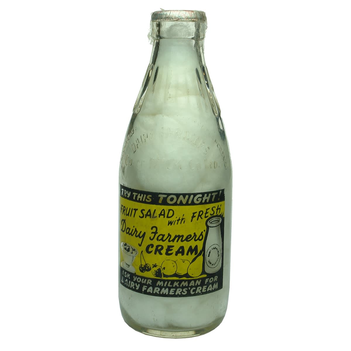 Ceramic Label Advertising Milk. Fruit Salad with fresh Dairy Farmers Cream. Dairy Farmers Co-op Milk Co Ltd. Pint. (New South Wales)