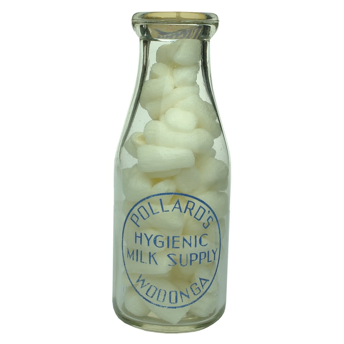 Milk. Pollard's, Hygienic Milk Supply, Wodonga. Wad lip. Ceramic label. 1 Pint. (Victoria)