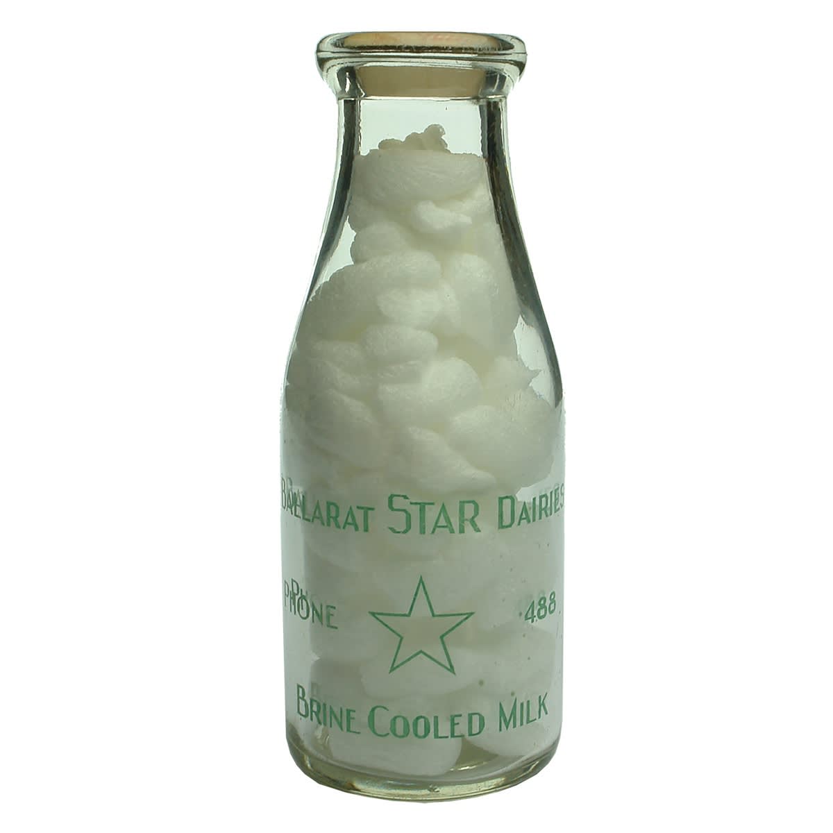 Ceramic Label Milk. Ballarat Star Dairies. Brine Cooled Milk. Wad top. Green Print. Pint. (Victoria)