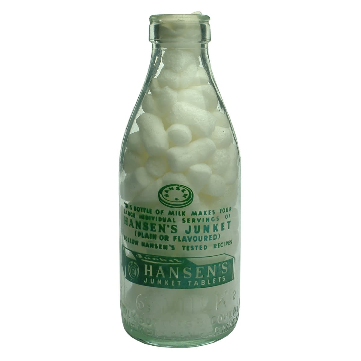 Ceramic Label Advertising Milk. Hansen's Junket Tablets. Milk Bottles Recovery Ltd. Green Print. Pint. (Victoria)
