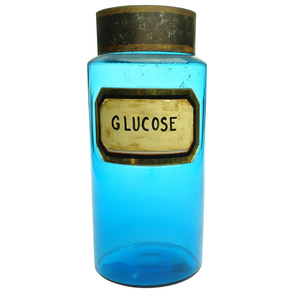 Pharmacy. Glucose. Sticker over label under glass. Turquoise. 1/2 Gallon. (France)