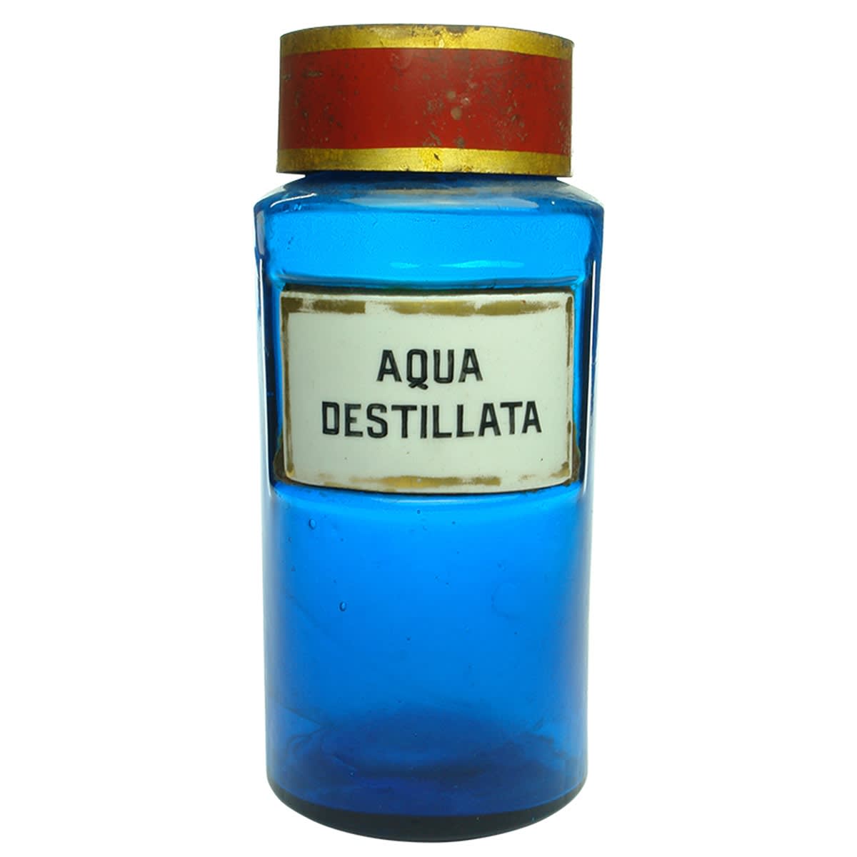 Pharmacy. Aqua Destillata. Porcelain label. Narrow neck. Turquoise. 1/2 Gallon. (France)