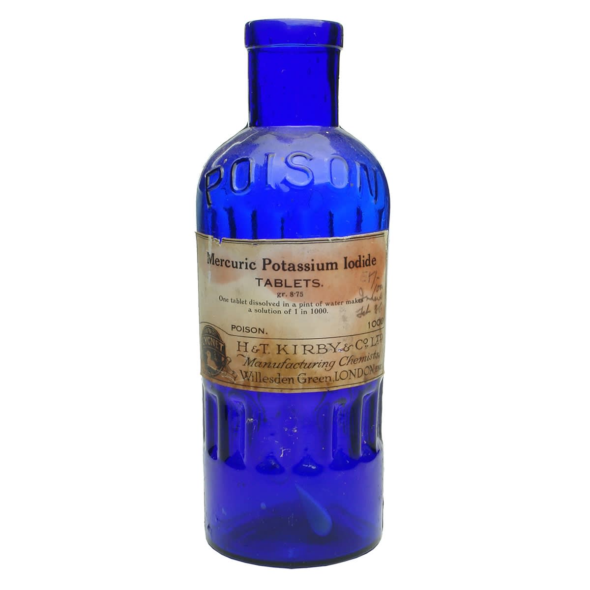 Poison. H & T. Kirby, London, Mercuric Potassium Iodide. Cobalt. 20 oz. (United Kingdom)