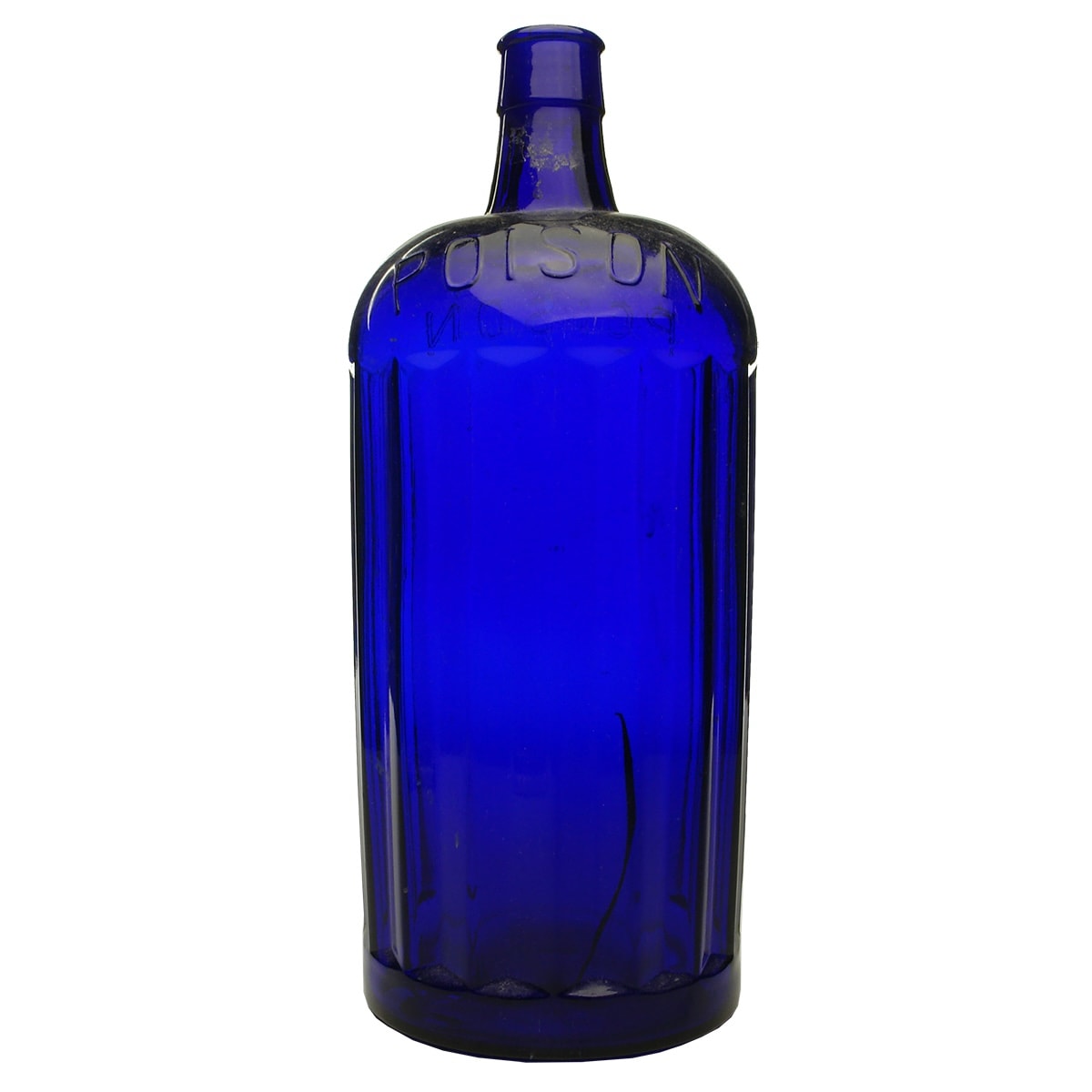 Poison. Poison to front with 8 indented columns, Poison to rear with four indented columns. Cobalt. 80 oz.
