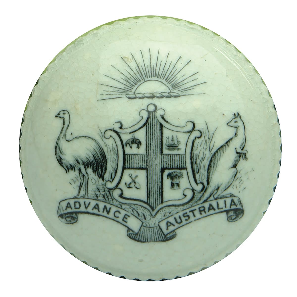 Pot or Jar Cap. Australian Coat of Arms. Advance Australia. Rising Sun. IV embossed under lid.