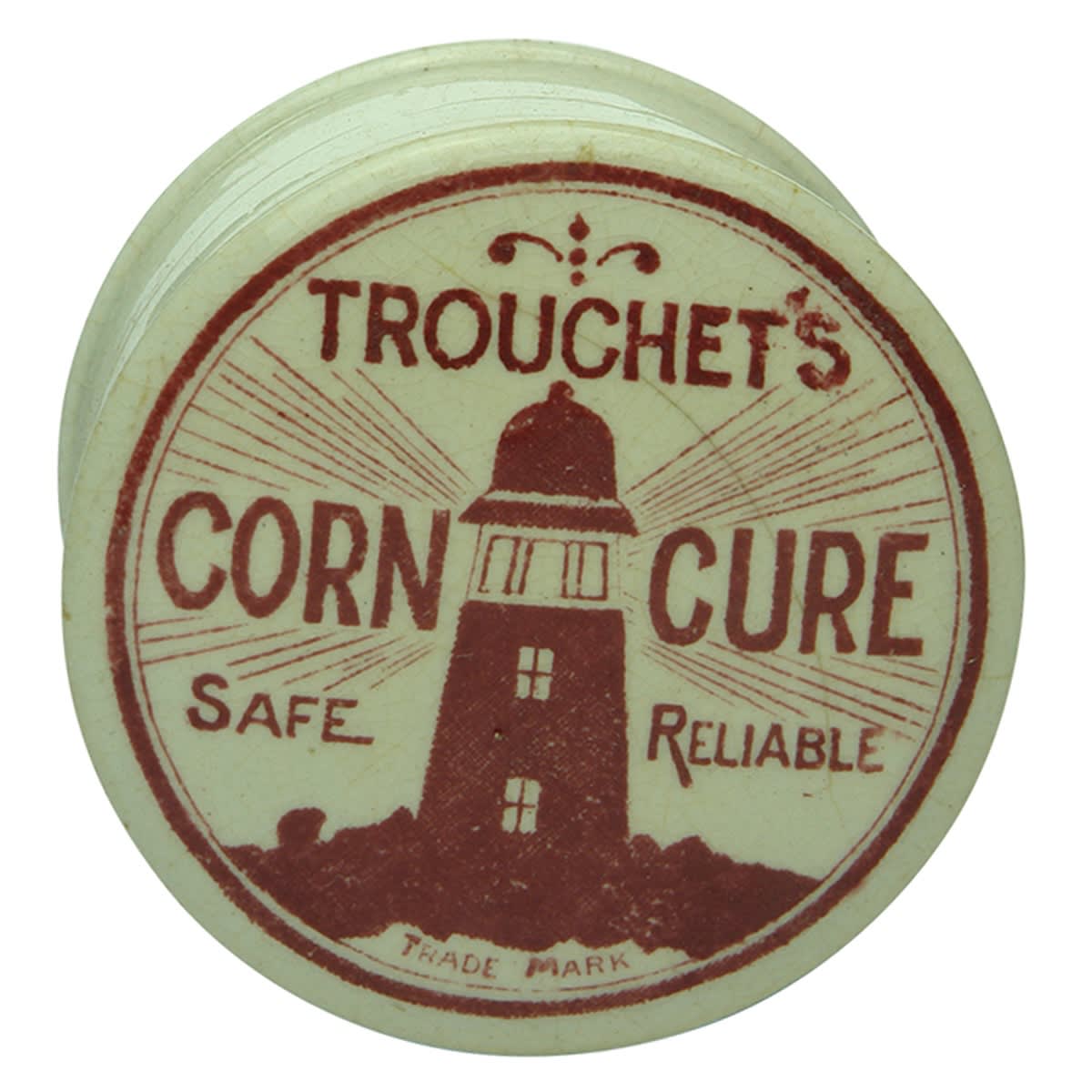 Pot Lid. Trouchet's Corn Cure. Lighthouse. Red Print. (Western Australia)