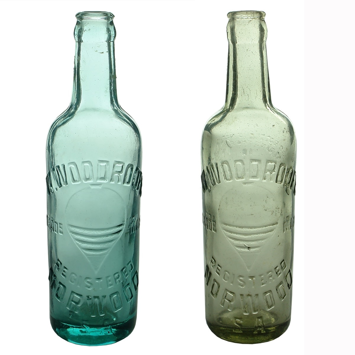 2 Crown Seals. W. Woodroofe, Norwood. Spinning top. Shouldered. Aqua & Clear. 10 oz. (South Australia)