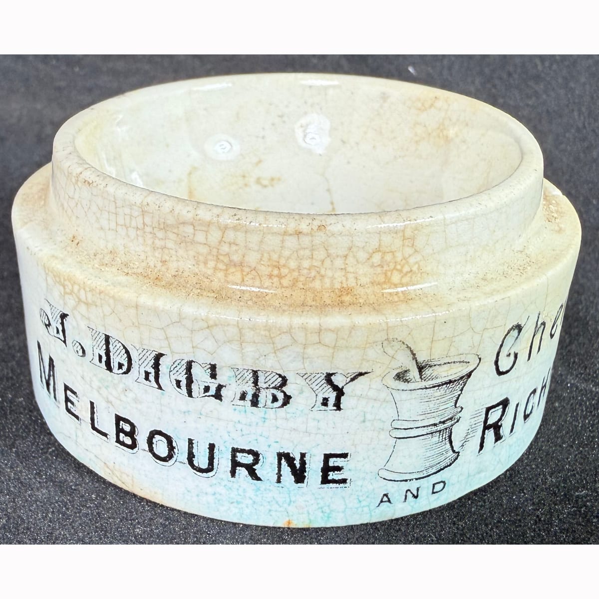 Pot Base. J. Digby, Melbourne and Richmond.  Mortar & Pestle. Toogood Patent, Size 1/2. (Victoria)