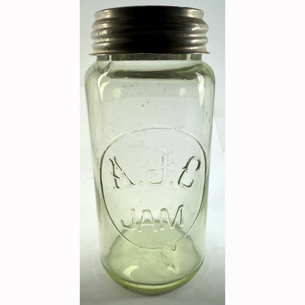 Jam Jar. A. J. C. Jam. Tall. Screw thread. Ground lip. Aqua. 30 oz. (Victoria)