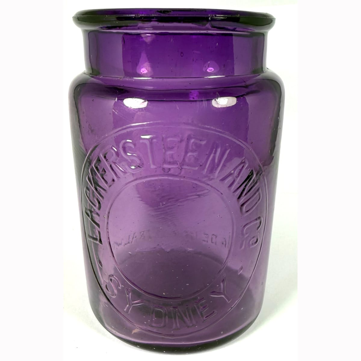 Jam Jar. Lackersteen & Co., Sydney. Made in Australia. Dark Sun Coloured Amethyst. 10 oz. (New South Wales)