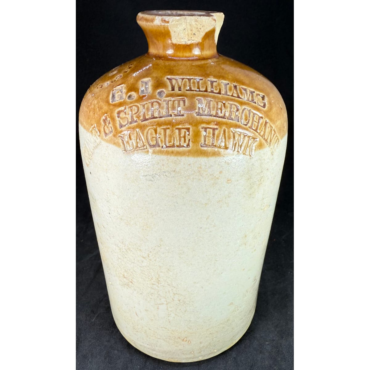 Demijohn. G. J. Williams, Wine & Spirit Merchant Eaglehawk. Large Bendigo Pottery Co Ltd stamp. Quart. (Victoria)