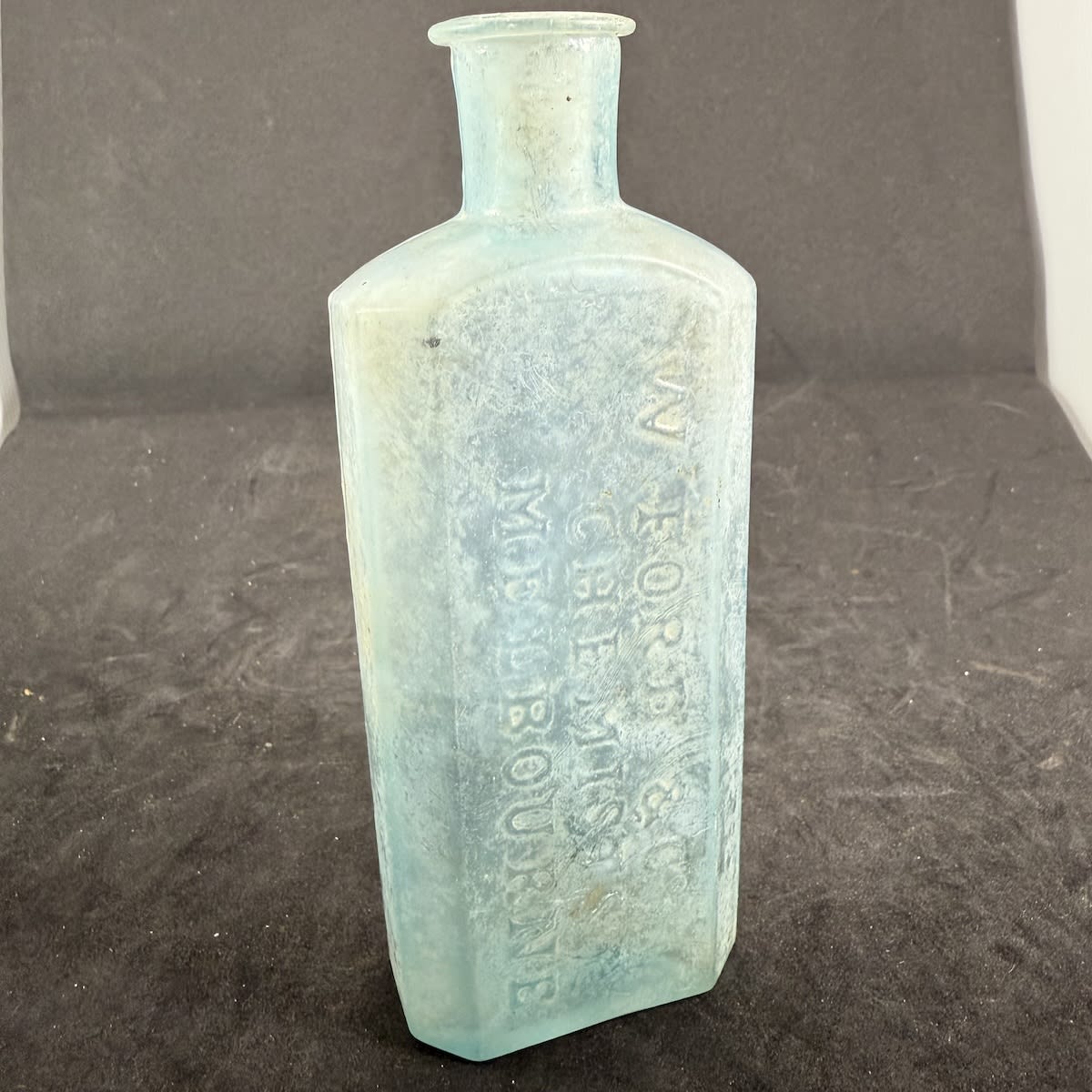 Chemist. W. Ford & Co., Chemists, Melbourne. York Glass Company made. Ice Blue. 5 oz. 150 mm. (VIctoria)