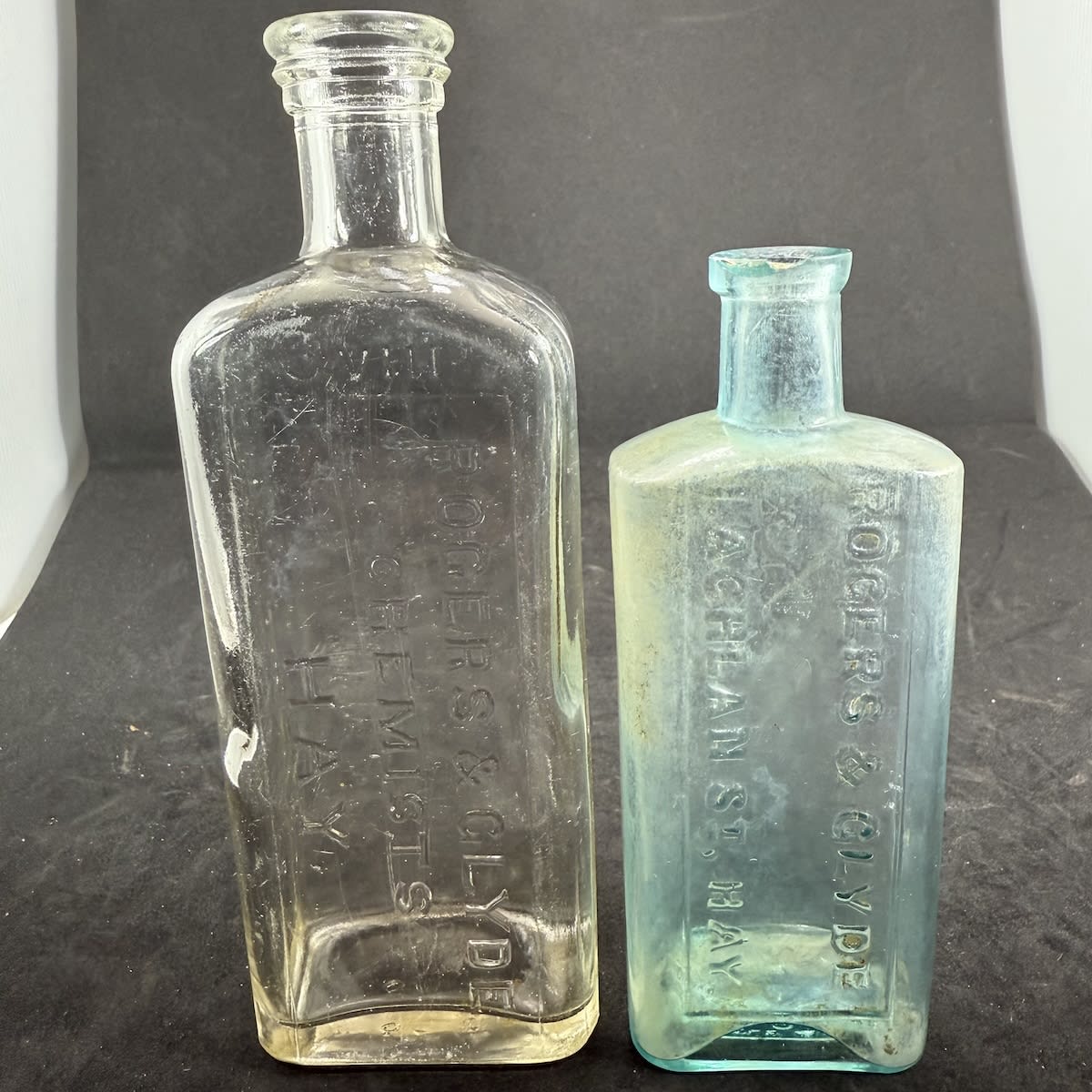 2 Chemists: Both Rogers & Glyde, Hay. 8 oz (171 mm) later one and 4 oz (135 mm) with Lachlan St address. (New South Wales)