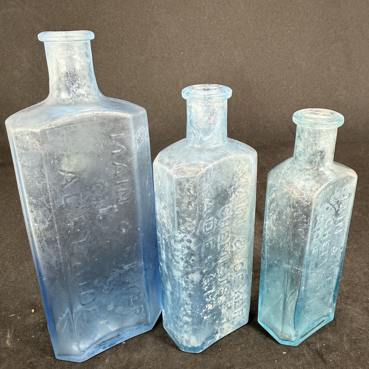 3 Different sizes of Main & Geyer, Chemists, Adelaide. Ice Blue. 8 oz (163 mm), 4 oz (138 mm), 3 oz (124 mm). (South Australia).