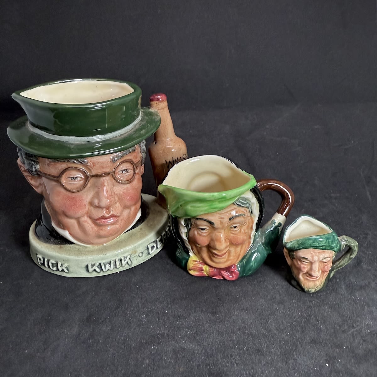 3 Royal Doulton Toby Jugs, Small, Mini & Miniature! Larger one for Pick Kwik Wines & Spirits Derby.