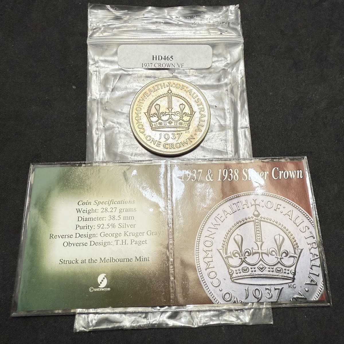 Numismatics. 1937 One Crown Coin, Commonwealth of Australia. Sterling Silver. King George VI.