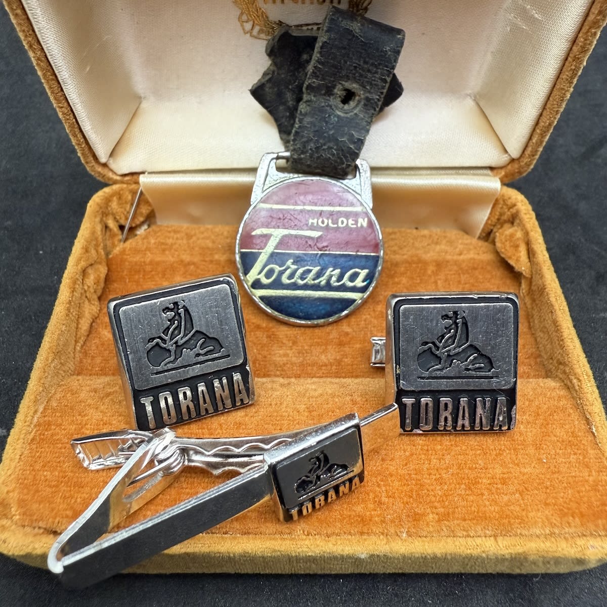 Car Memorabilia. Torana branded Cufflinks & Tie Pin plus a bonus Torana keyring tag.
