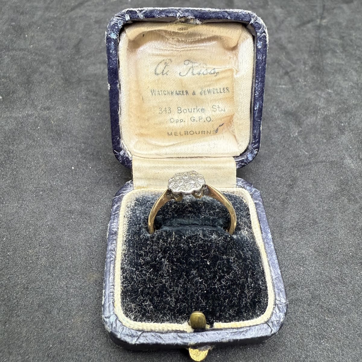 Gold Ring. 18 carat gold ring in original case. A. Kiss, Watchmaker & Jeweller, 343 Bourke St., Melbourne.