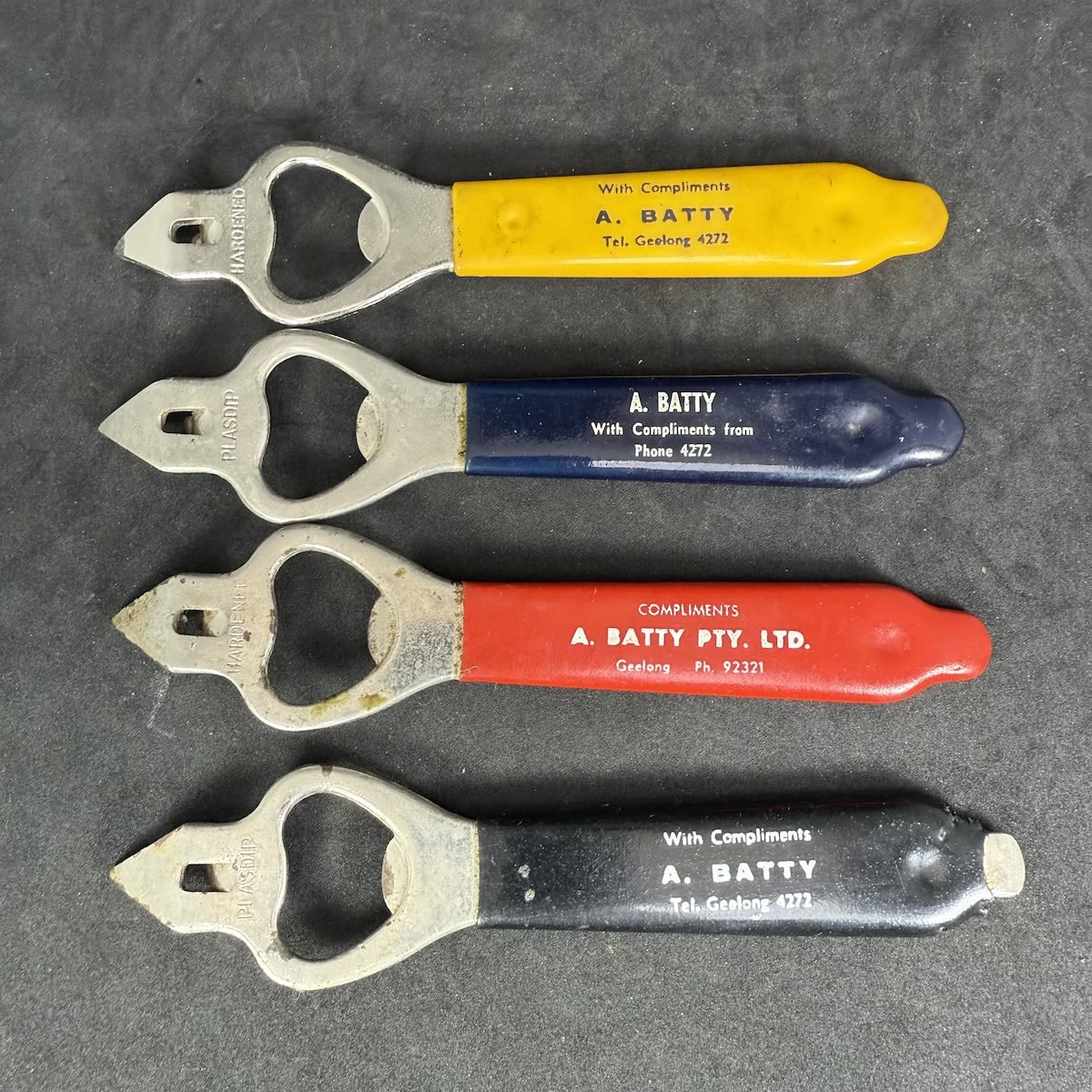 4 Bottle Openers. All are A. Batty or A. Batty Pty Ltd Geelong. Phone 4272 or 92321. (Victoria)