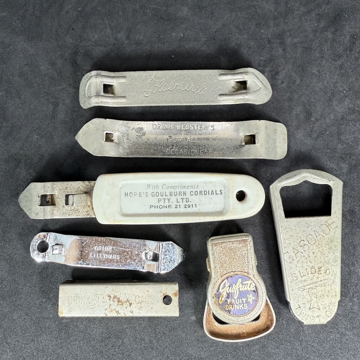 7 Branded Bottle & Can Openers: Golden Circle Lillyman's Hope's Goulburn Cordials Jusfrute Cascade Webster's Tarax.