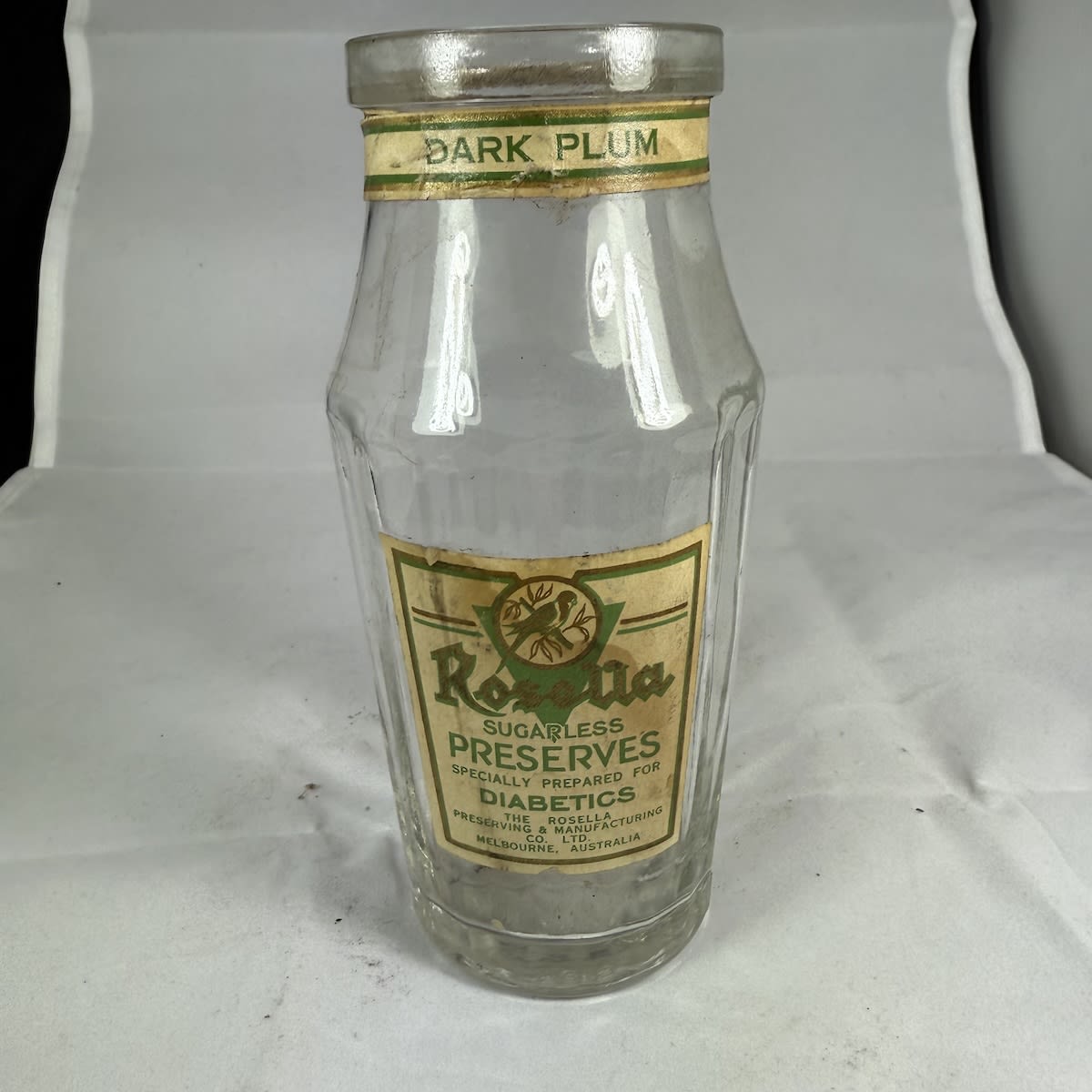 Rosella Jar. Original label for Sugarless Preserves specially prepared for Diabetics. Dark Plum. 11 oz. Rosella Preserving & Manufacturing Co Melbourne. (Victoria)