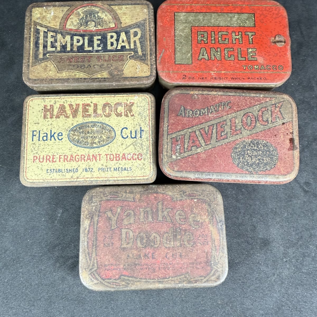 5 Tobacco Tins: Temple Bar Yankee Doodle Right Angle 2 x different Havelock.