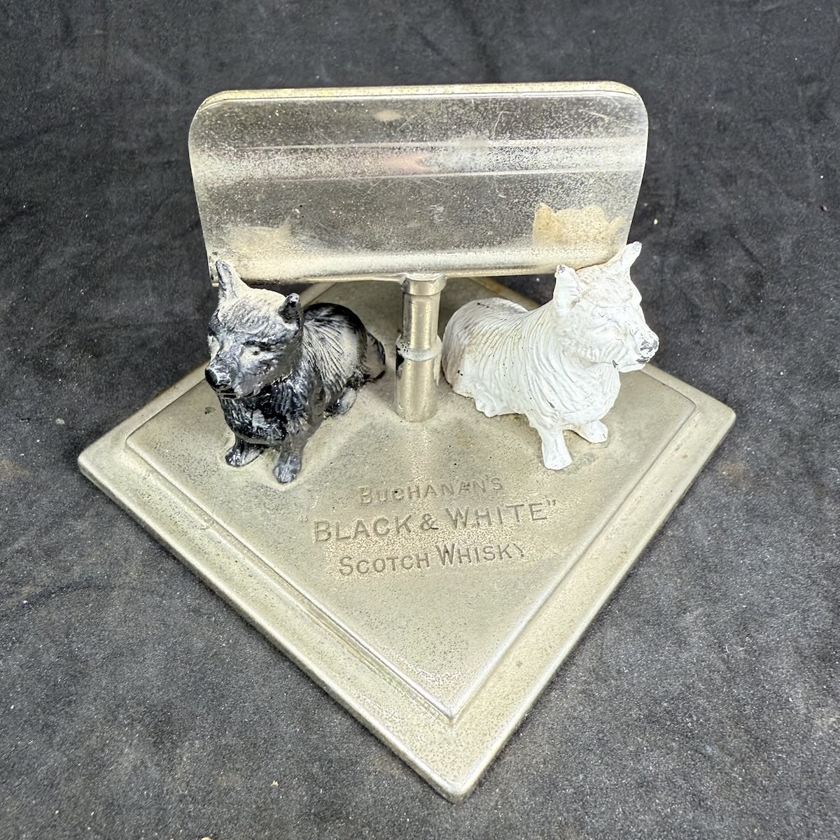 Advertising Menu Holder. Buchanan's Black & White Scotch Whisky. Scottish Terriers. Engraved on plated metal.