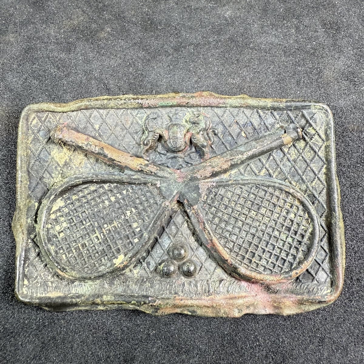 Tennis Belt Sash Buckle. Coat of Arms, Rackets & Balls. Royal Tennis perhaps?