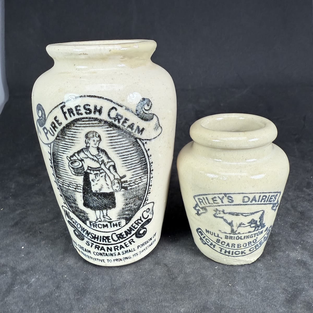 2 Cream Pots: Wigtownshire Creamery Co, Stranraer Riley's Dairies, Scarboro'.